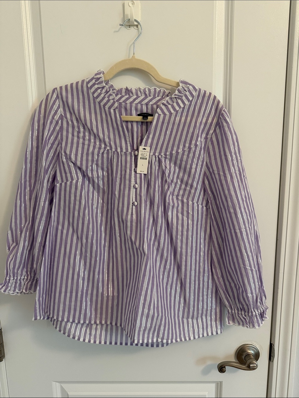 Ladies' Lavender Striped Ruffled Neck Shirt - Talbots